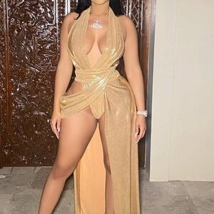 Gold Metallic Plunge Halter Wrap Dress